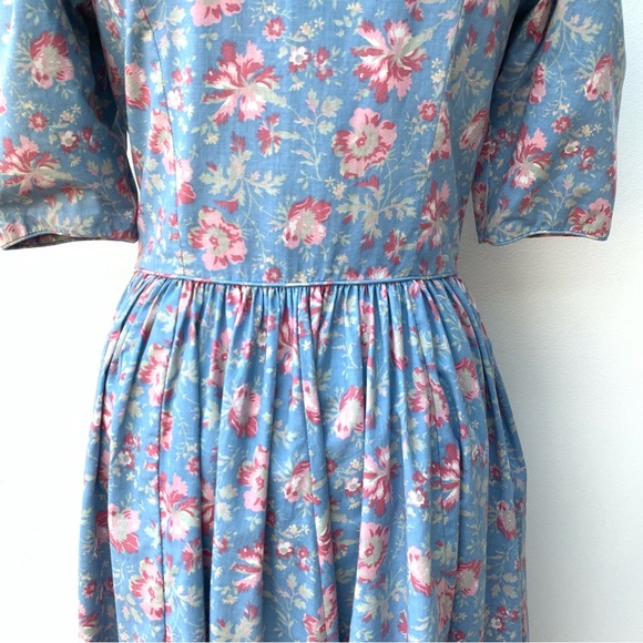 Vintage Laura Ashley Size 14 Cotton Tea Dress Button Front Blue Cornflower Pink - Picture 9 of 13